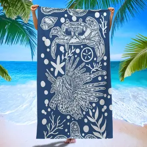 High-Quality Vintage Line Art Ocean Life Beach Towel, Quick-Dry Coral Bubble Crab Lionfish Print, Super Absorbent Microfiber Bath Towel
