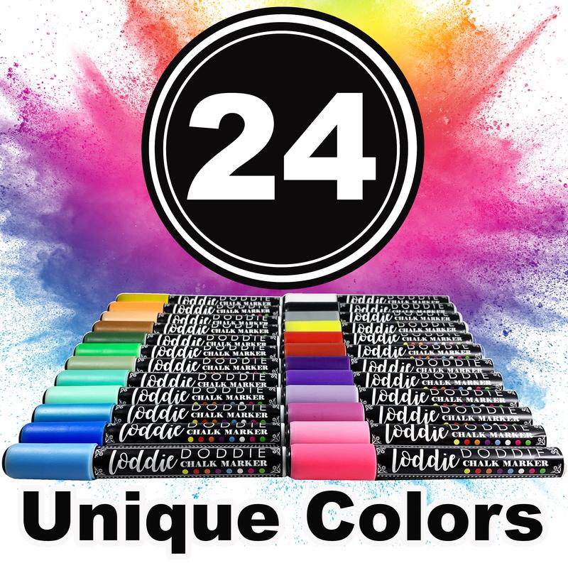 Loddie Doddie 24ct Chalk Markers - Color Collection - Erases Completely on Non-Porous Surfaces, Windows and Glass | 6mm Reversible Bullet & Chisel Tip
