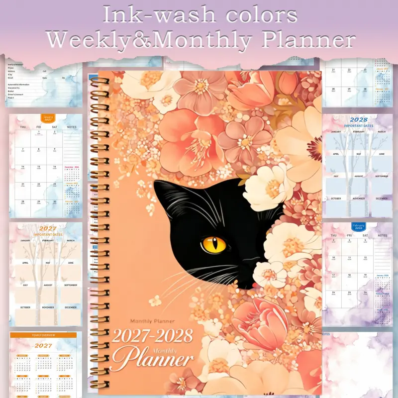 1. A 2027-2028 spiral-bound monthly calendar notebook with black cat floral design for weekly and monthly planning, suitable for universities and offices, goal and to-do list organizer, planning notebook