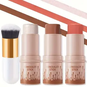 4pcs Hellokiss Cream Contour Stick with Brush - Highlighter Balm, Effortless Bronzer, Blush, Contouring Sticks, Non-Greasy Long-Wear Face Sculpting Makeup, Lightweight Cream Formula for Highlighting, Bronzing & Blushing