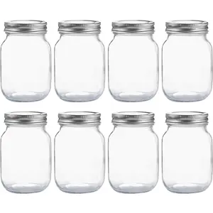 Glass Regular Mouth Mason Jars, 16oz Clear Glass Jars with Silver Metal Lids for Sealing, Used for Food Storage, Overnight Oats, Dry Goods, Snacks, Candy, Project Jars (Pack of 8)