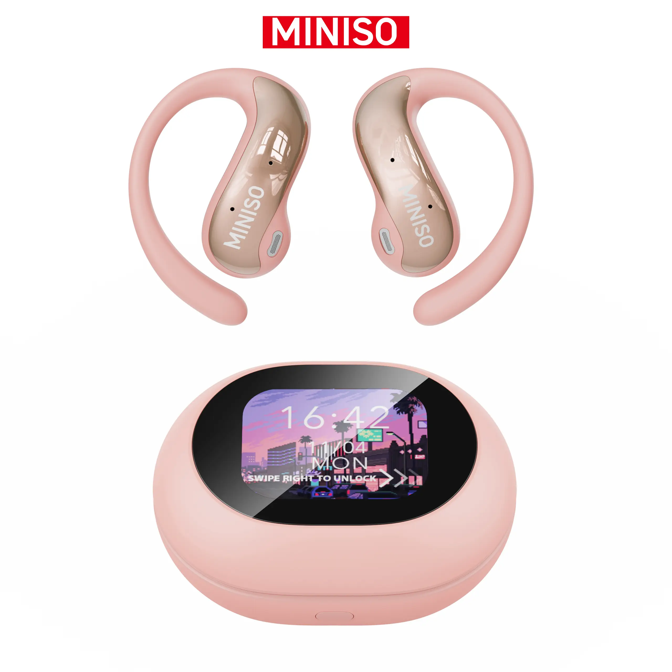 MINISO MS188 LCD Wireless Bluetooth Earbuds,OWS Open Ear Headphones with Mic,Full Color Display Charging Case Headsets, Earphones with Earhooks