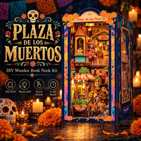 CuteBee Halloween & Day of the Dead 3D Wooden Art Puzzle DIY Book Nook Kit, 350PCS Plaza de los Muertos Wooden Miniature House with LED Light & Touch Switch, Rewarding Craft, Art Puzzles Gift for 12 Years Above, Bookshelf Decor