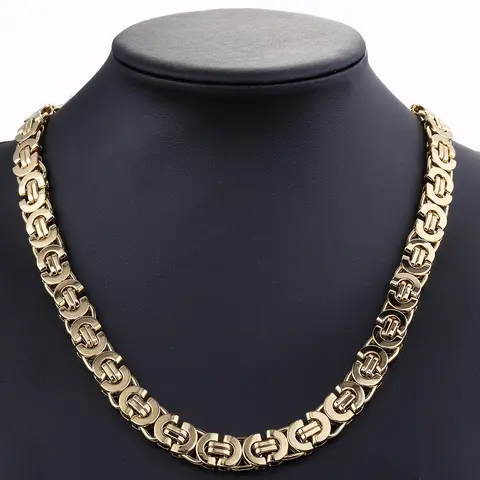 Hermah Flat Byzantine Chain Necklace Gold Plated Stainless Steel 11mm 18-30" Link Jewelry for Male Men Women Hip Hop Gift High Quality