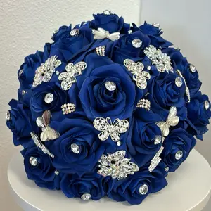 Navy Blue and Silver Deluxe Bouquet with Sparkling Rhinestone Butterflies for Elegant Weddings and Special Occasions Decorative 15" Wide 32" Round 3 3/4" Handle 10" Tall