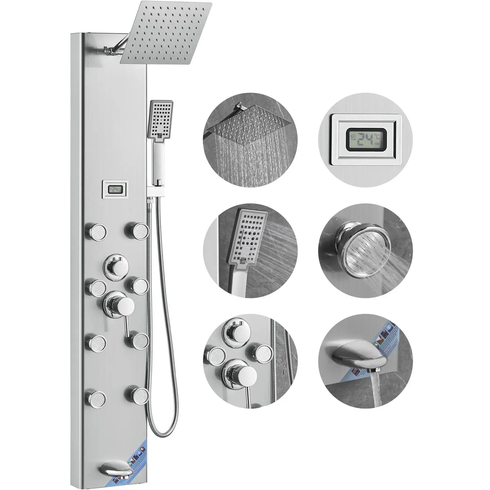 【summerfinds】VEVOR Shower Panel System, 5 Shower Modes, Digital Display Shower Panel Tower, Rainfall, 8 Massage Jets, Tub Spout, 3-Setting Handheld Shower Head 59" Hose, Stainless Steel Wall-Mounted Shower Set