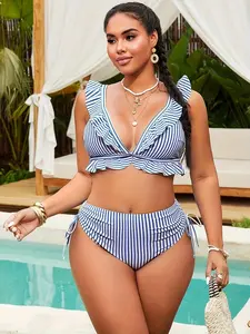 Plus Size Bikini Two-Piece Set, V Neck Ruffle Wide Shoulder Straps, High Waist Drawstring Butt Lifting Bottoms, Stripe Print, Summer Beach Fashion
