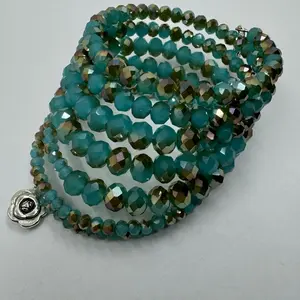 7 loop memory wire bracelet with glass beads and rose charms