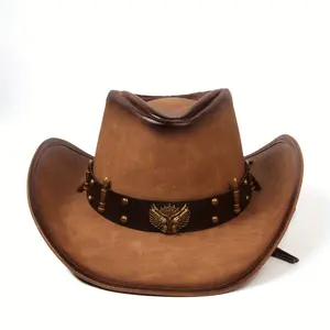 Men's And Women's Large Brim Western Cowboy Hat, Riding Sunshade Hat, Bridge Side PU Leather Top Hat
