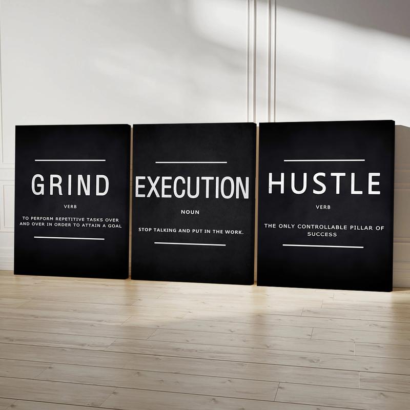 3pcs Wooden Framed Canvas Wall Art, GRIND, EXECUTION, HUSTLE Modern Classic Art Deco Style, Waterproof & Odorless HD 8K Print, Indoor/Outdoor Home Decor for Living Room, Bedroom, Office - Perfect Gift for Friends & Family 3pcs Wooden Framed Canvas Wall Art, GRIND, EXECUTION, HUSTLE Modern Classic Art Deco Style, Waterproof & Odorless HD 8K Print, Indoor/Outdoor Home Decor for Living Room, Bedroom, Office - Perfect Gift for Friends & Family