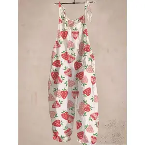 [Cute Strawberry Overalls] Cute Sleeveless Strawberry Overalls - Knotted Strap Loose Fit for Spring & Summer - Women's Clothing Womenswear Suits