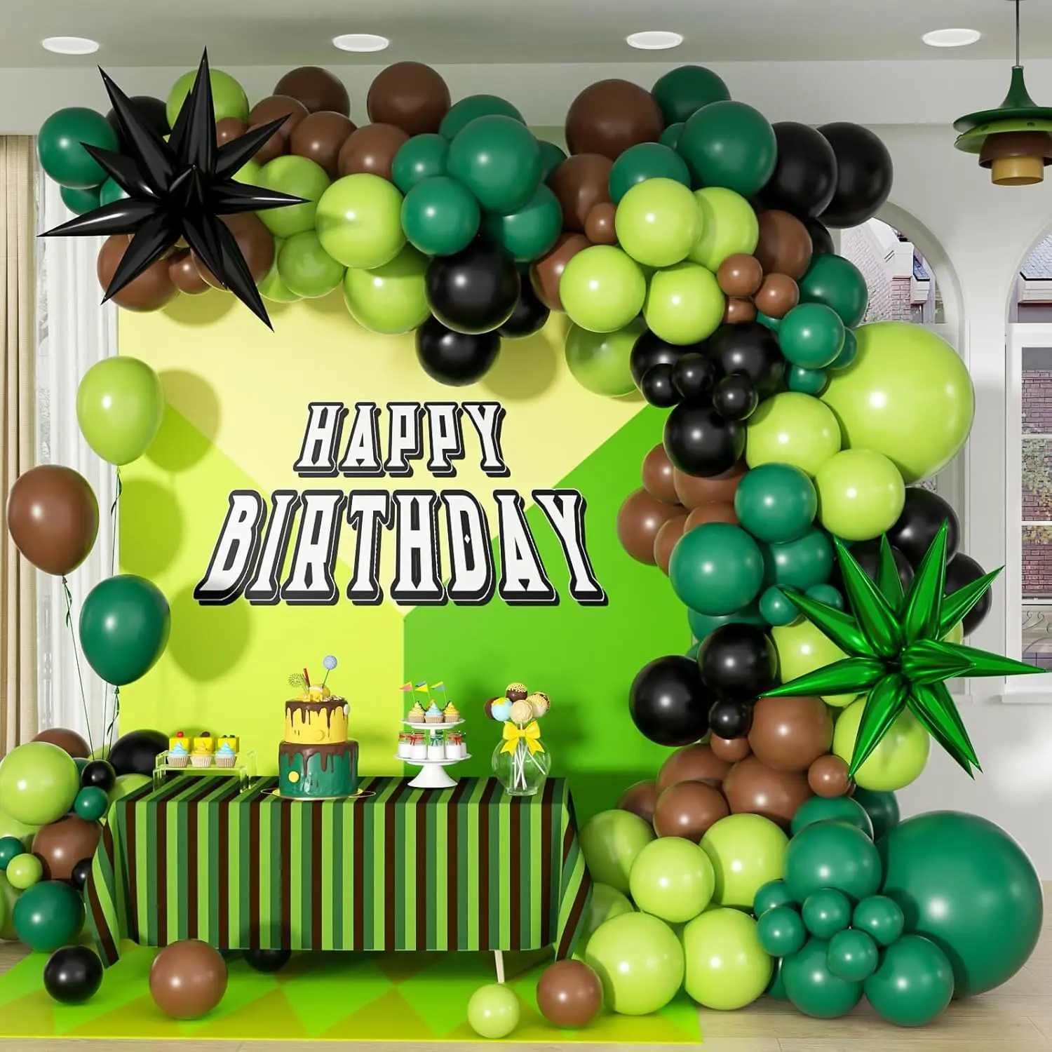 Jungle and Video Game Themed Balloon Arch Kit with Green, Brown, and Black Balloons for Parties
