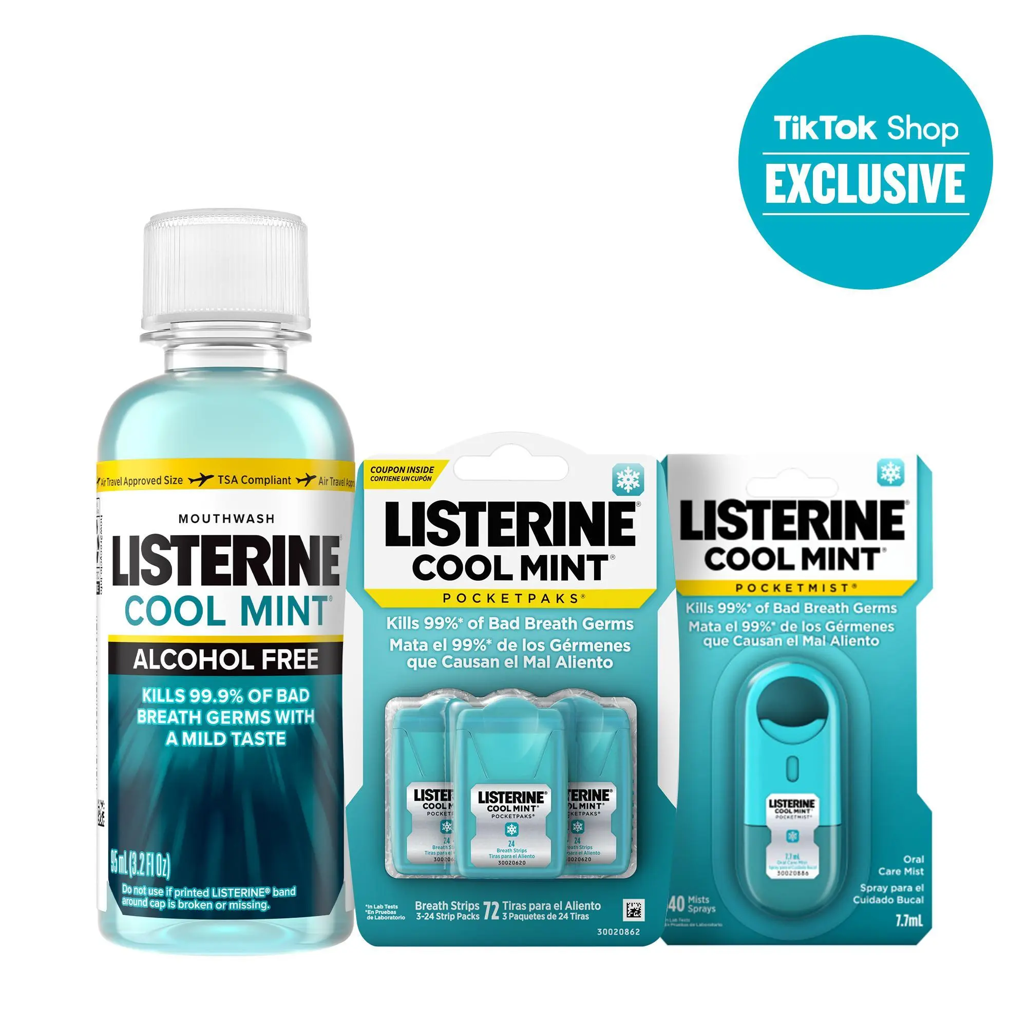 Listerine Travel-Size TikTok Shop Trio, Cool Mint Alcohol-Free  Mouthwash 3.2 fl oz, Pocketmist and PocketPaks Fresh Breath Strips
