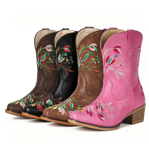 Ankle Cowboy Boots For Women, Clearance, Wide Calf, Western Retro Embroidered Classic  Pull-On Durable Non-Slip Fashion Shoes for Casual Summer, Country Concerts & Parties