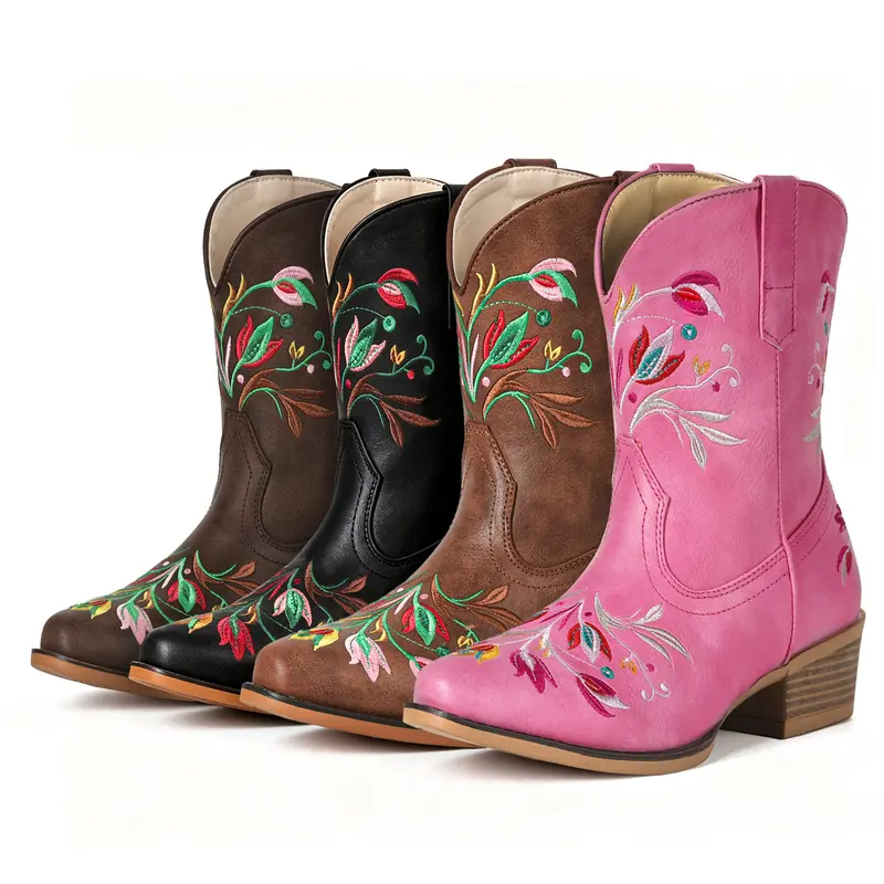Ankle Cowboy Boots For Women, Clearance, Wide Calf, Western Retro Embroidered Classic  Pull-On Durable Non-Slip Fashion Shoes for Casual Summer, Country Concerts & Parties