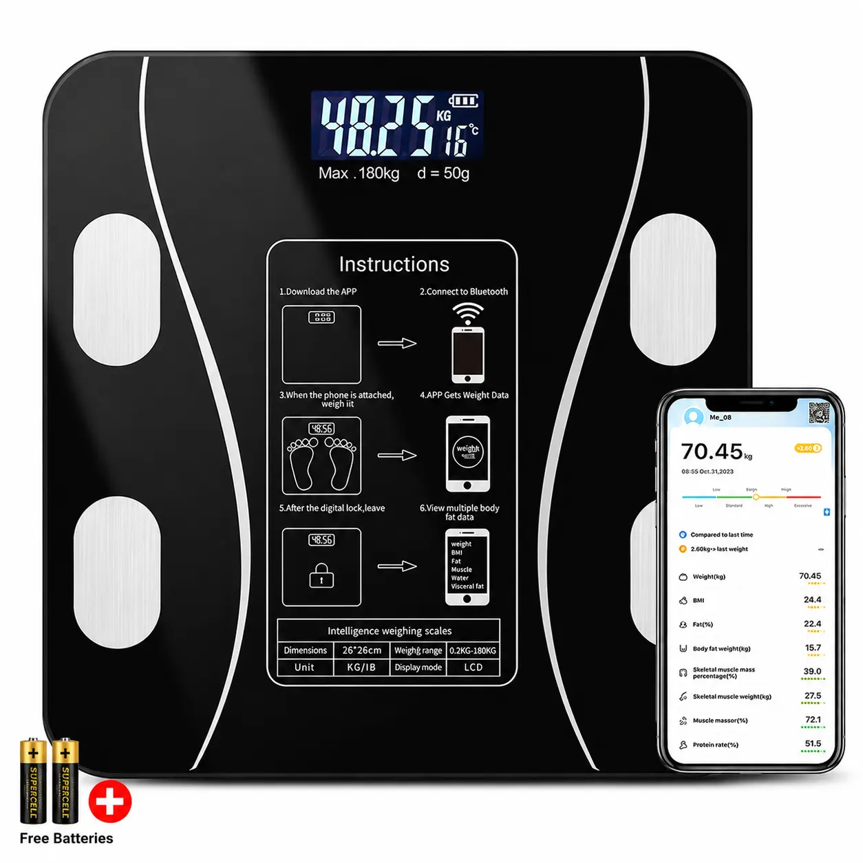 Bluetooth Smart Weighing Scale - Digital Bathroom BMI Body Composition Monitor, Health Analyzer with Smartphone App, 400 lbs Capacity, 2 Free Batteries