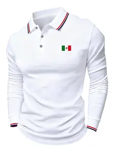 Men's Long Sleeve Polo Shirt, Mexican Flag Print Design, Casual Fitted Style, Comfortable Fabric for Daily Wear, Perfect Match Top