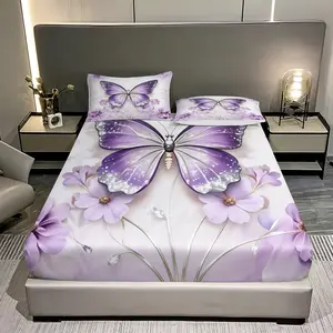 Dreamy Butterfly & Floral Print Bedding Set, Decorative Bedsheet Sets, Includes Fitted Sheet & 2 Pillowcases, Breathable Polyester Fiber