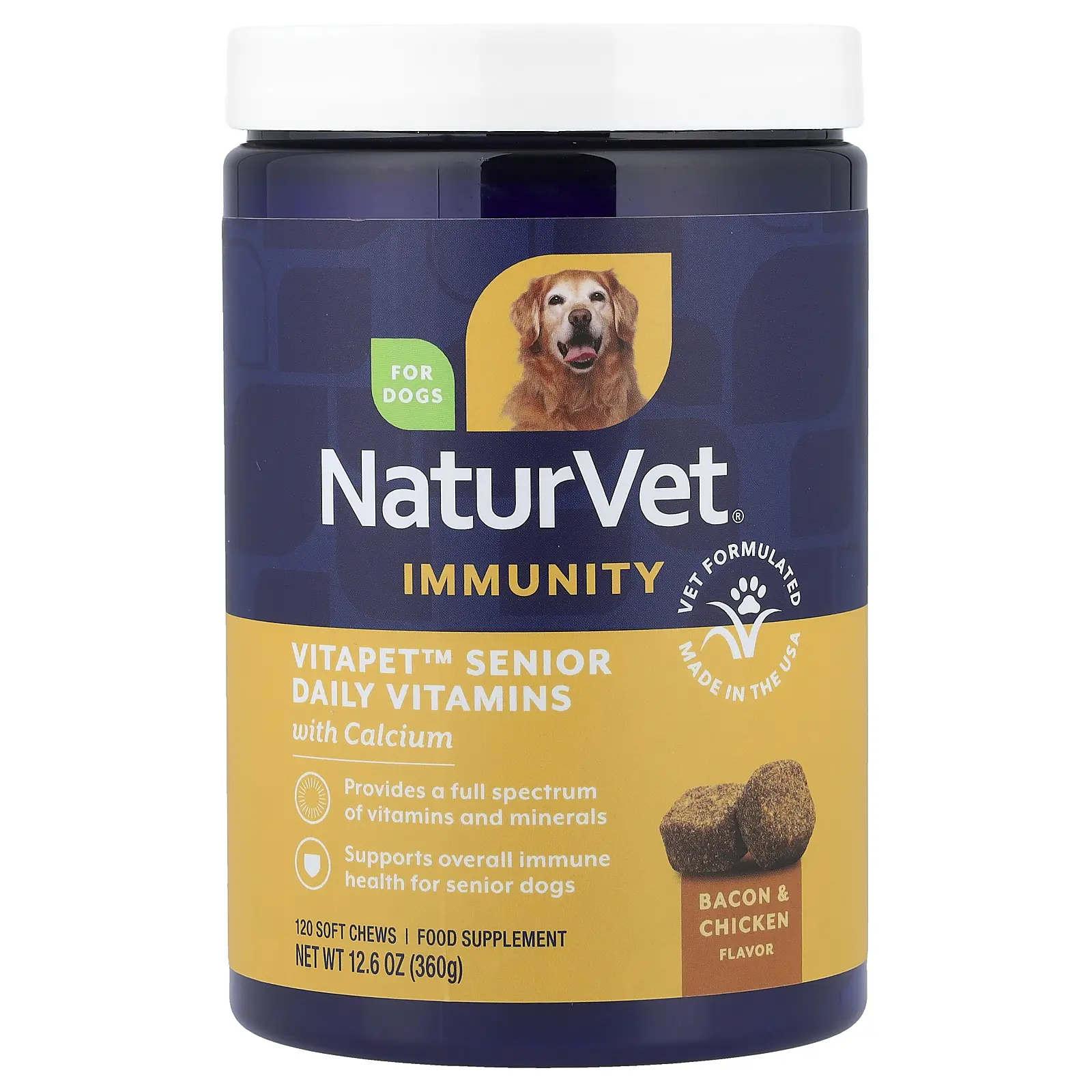 NaturVet Immunity, VitaPet™ Senior Daily Vitamins with Calcium, For Dogs, Bacon & Chicken, 120 Soft Chews, 12.6 oz (360 g)
