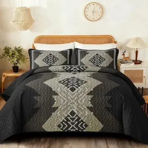 Black Boho Set Queen, Aztec Bedspread Set, 3 Pieces Texture Bedspread Southwestern Bedding Set, Soft Lightweight Coverlet Set for All Season with 2 Pillowcases