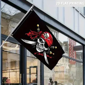 2D Flat - 2D Flat - Big Pirate Banner - Two-Dimensional Print, One-Sided, 59.06*35.43 Inches, Black Featuring a Red Pirate Skull And Crossed Swords Pattern - Ideal for Gardens, Clubs, Concerts, Bars, Dorm Rooms, Living Areas