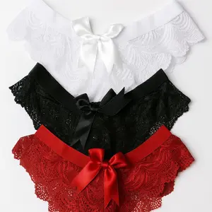 Women's Lace Bow Thongs 3-Pack V-Shaped Design in colors  Red, Black,and White Polyamide Comfortable & Breathable Low Back Waist