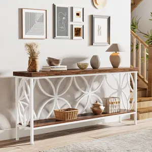 LITTLE TREE 70.9-Inch Narrow Sofa Table, Industrial Long Sofa Table Behind Couch, Entry Console Table with Storage for Entryway, Living Room, Foyer, Unique Design, Walnut/White