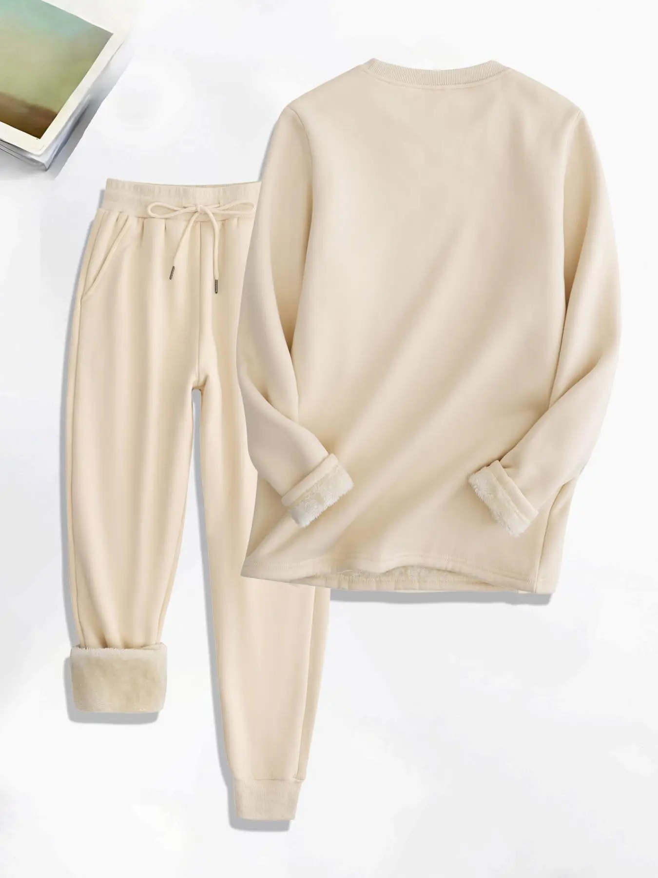 Women's Solid Loose Crewneck Thermal Lined Pullover & Pocket Drawstring Waist Pants Set, Casual Basic Minimalist Aesthetic Fashion Cozy Warm Outfits For Daily Wear, Women's Clothing For Fall & Winter