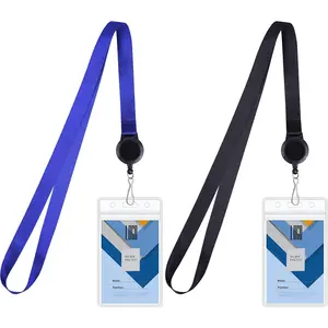 Cruise Lanyard with ID Card Holder, 2 Pack  Lanyard with Retractable Reel & Double Sided Clear ID Badge Holder for Ship Cards - Black, Blue (Vertical)