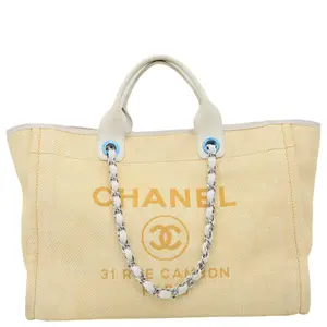 Pre-owned CHANEL Raffia Tote Bags Deauville Large Shopping Tote Bag Beige