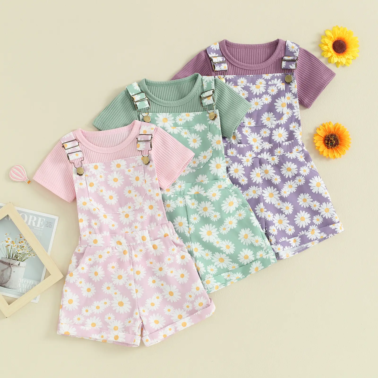 Toddler Baby Girl Clothes Ribbed Short Sleeve T-Shirt Daisy Floral Suspender Overalls Shorts Set 2Pcs Summer Outfits