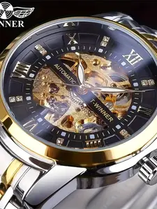 Luxury Men's Automatic Mechanical Watch, Stainless Steel Strap, Stainless Steel Wristwatch, Roman Numerals, Elegant Gift, No Battery Needed, Business Casual Style, Stainless Steel Watches