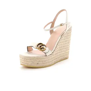 Pre-owned Gucci Women's GG Marmont Wedge Espadrille Sandals Leather by Rebag