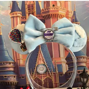 Beautiful Velvet Clouds Ears Sky Blue Bow Mouse Headband Handcrafted Sparkly Ears with Soft Lining for Comfort and Durability Perfect for Theme Park Days and Special Occasions