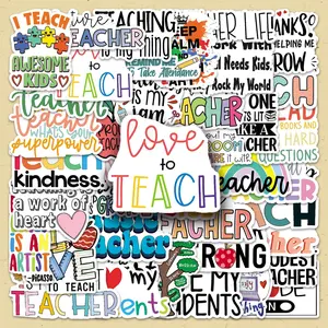 Teacher Themed Sticker, 50pcs/set Cartoon English Slogan Sticker, Waterproof Self Adhesive Decor Paper for Gift Greeting Card & Water Bottle & Laptop, Waterproof Stickers