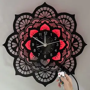Beautiful Mandala LED Vinyl Record Round Wall Clock, 7 Color Light Home Decor for Living Room, Bedroom, Office, Yoga Space, Ideal Gift