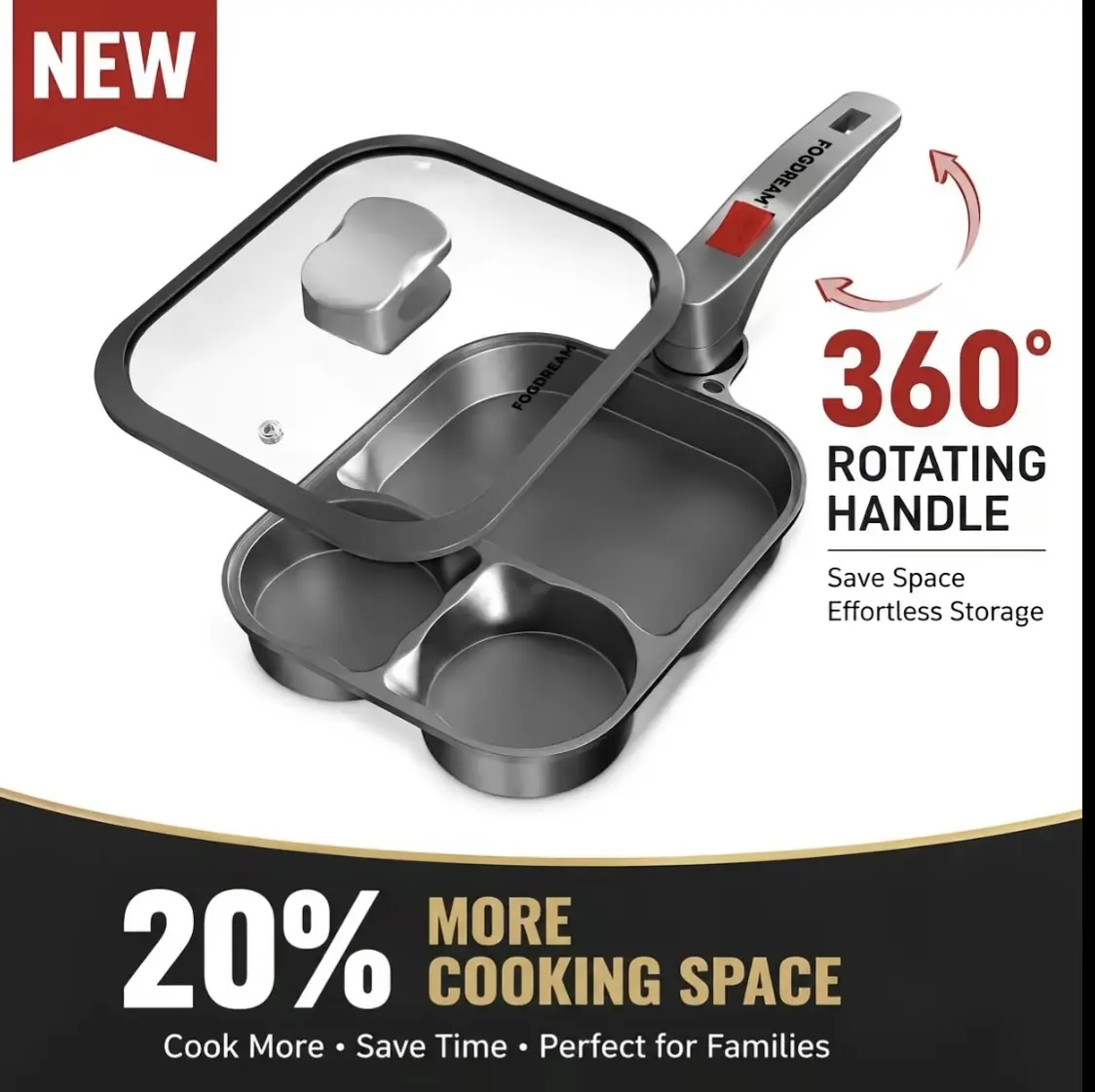 360° Twist Handle Non-Stick Hybrid Cookware Pan - Detachable, Thermal, 3-Section Deep Oblong Shape, Large Capacity, Quick Cooking, Lid Included, Family-Friendly, Space-Saving, Dishwasher-Safe, Easy to Clean (Ideal for Breakfast/Pancake)