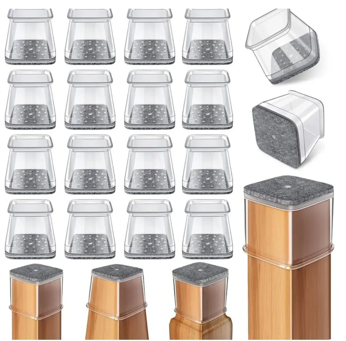 Clear Silicone Chair Leg Floor Protectors with Felt Pads, Universal Fit for Square-Round Household Furniture Legs, Antislip Scratch Guard & Effective Noise Dampening for Hardwood Tile Floors in Family Residences