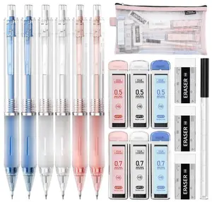 Four Candies Mechanical Pencil Set with Case, 6PCS Aesthetic Mechanical Pencils 0.5 & 0.7mm with 360PCS HB Lead Refills, 12PCS Erasers, Cute Mechanical Pencils for Writing, Drawing and Sketching