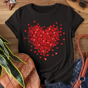 Heart Print Crew Neck T-Shirt, Casual Short Sleeve Top For Spring & Summer, Women's Clothing