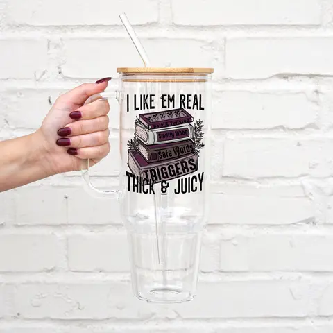 Book Lover Gift 40oz Glass Tumbler with Handle, Bamboo Lid & Straw