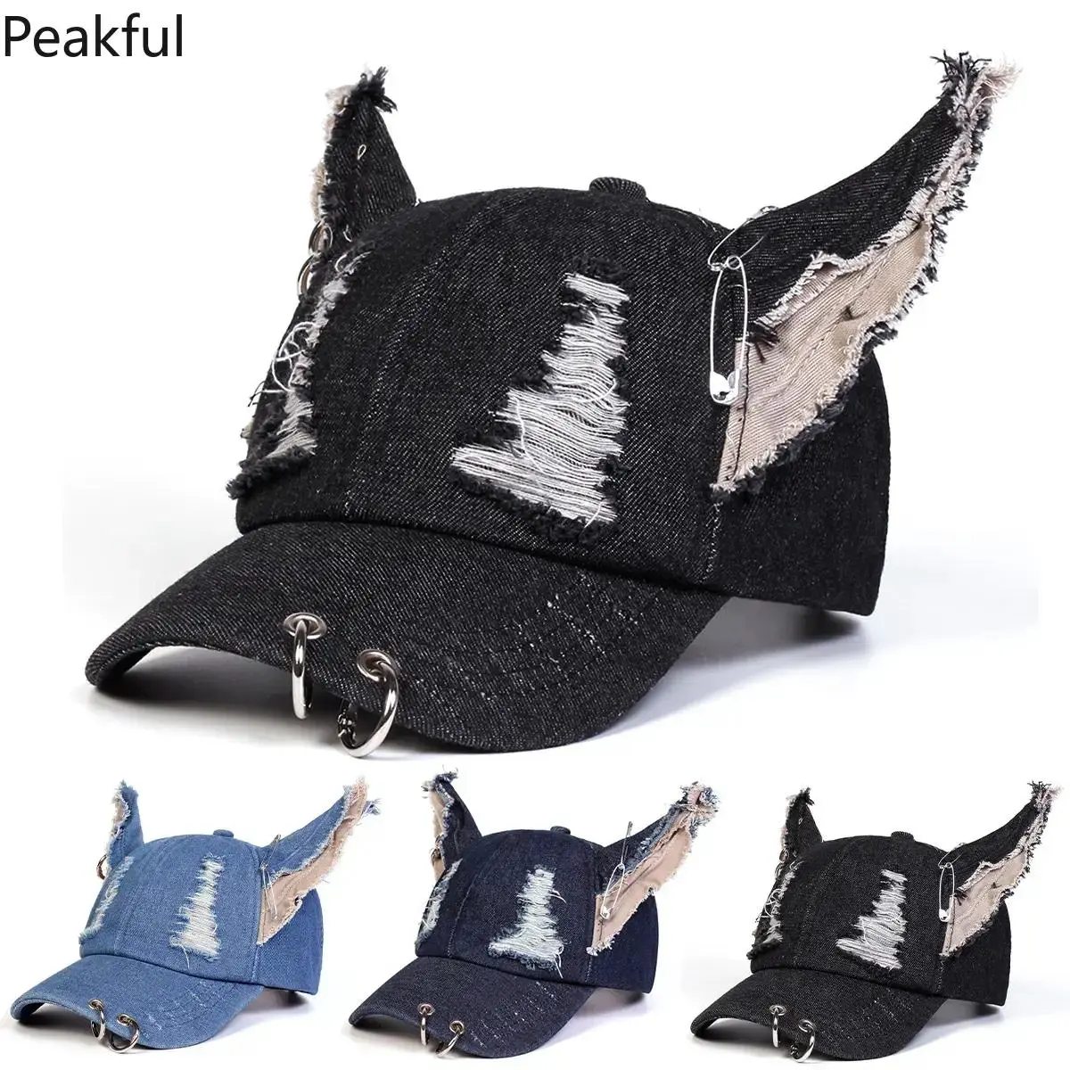 Unisex Cat Ear Baseball Cap Iron Ring Trucker Hat Distressed Denim Baseball Cap Grunge Aesthetic Hat Outdoor Adjustable Sunscreen Leisure Hat Spring Autumn Travel Tourism Beach Vacation