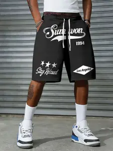 Men's Casual Letter Print Drawstring Athleisure Shorts, Loose-Fitting Design Ideal for Summer Office Travel and Outdoor Activities