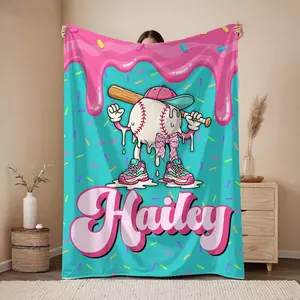 Personalized Girls Softball Blanket – Custom Name Ice Cream Drip Design, T-Ball or Baseball Birthday Gift Soft Cozy Warm Throw, Neon Melt Waffle Cone Design, Custom Gift for Softball Player Girl, Cool Sporty Bedroom Dorm Decor(