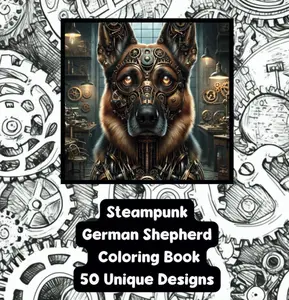 Steampunk German Shepherd - Adult Coloring Book - 50 Unique Designs - 8.5"x8.5" - Created and Designed By Feisty Mom Designs