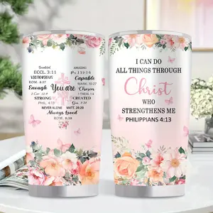 1pc 20oz Christian Insulated Stainless Steel Travel Mug with Bible Verse & Floral Design - Leakproof BPA-Free Double-Wall Vacuum Insulation Cup, Inspirational Gift for Women/Men (Philippians 4:13, Psalm 23:1-2 41:10) - Office, Camping