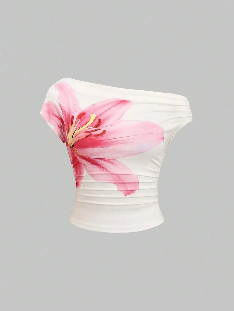 Women's Elegant Floral Print Asymmetrical Neck Ruched Top