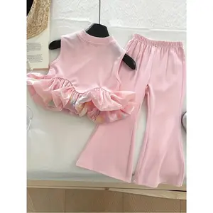 Girls' Sleeveless Vest Set Summer New Fashion Flared Pants Two-Piece Outfit with Necklace JF17284, Perfect for Outdoor