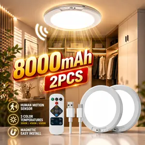 2PCS Rechargeable 8000mAh Motion Sensor Ceiling Light, Wireless LED Ceiling Lamp with Remote Control, 3 Color Modes, Dimmable for Bathroom, Pantry & Laundry Room