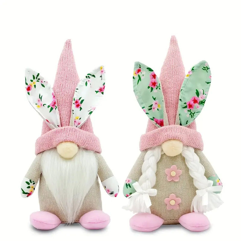 2pcs Spring Gnome & Swedish Elf Decorations with Bunny Figures - Bright / Suitable for Easter Bunny Centerpiece, Plush Figures for Tabletop Shelf Decor, Spring Table Centerpiece for, Room, Crafts
